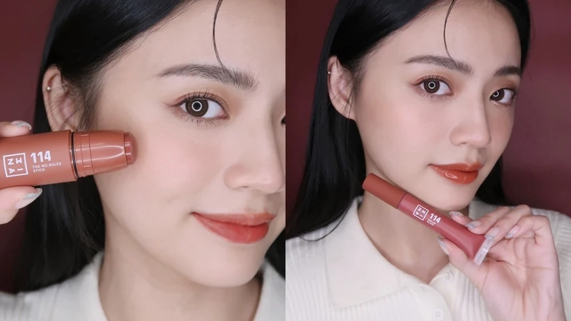 3INA(左)零色限唇頰棒與(右)濾鏡光感唇蜜試色。 3INA(左)零色限唇頰棒與(右)濾鏡光感唇蜜試色。