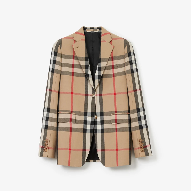 Burberry 格紋羊毛棉質緹花量裁外套 (典藏米色) ，NT69,000。