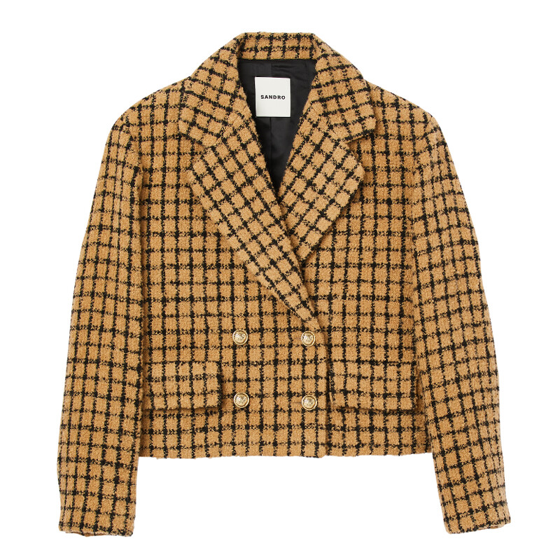 SANDRO卡其色格紋雙排扣西裝外套，價格店洽。