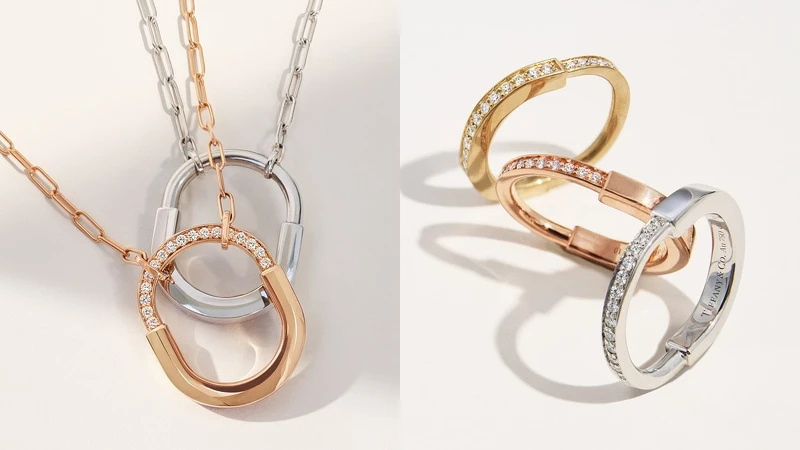 Tiffany &Co. 蒂芙尼以頂級美鑽為Lock系列新款注入璀璨光芒，同時推出大小各異的豐富尺寸選擇。（左）Tiffany Lock 18K玫瑰金鑲鑽項鍊，Tiffany Lock 18K白金項鍊。（右）Tiffany Lock 18K金舖鑲鑽石戒指，18K玫瑰金鑲鑽戒指，18K白金鑲鑽戒指。