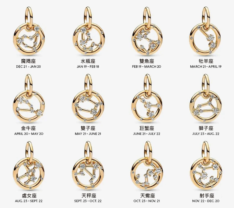 Pandora Moments 星座系列吊飾,各NT2,480。 Pandora Moments 星座系列吊飾,各NT2,480。
