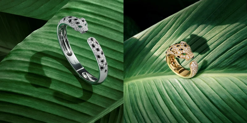 La Panthère de Cartier白K金鋪鑽項鍊、 La Panthère de Cartier黃K金鋪鑽戒指。