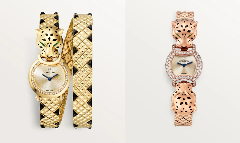 La Panthère雙圈黃K金高級珠寶腕錶 (黃K金、石英機芯)，La Panthère雙獸首腕錶(玫瑰金、石英機芯)。