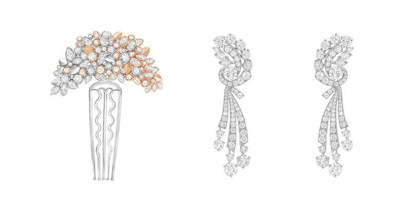 Feuillage de diamants可轉換式胸針，亦可作為髮夾，白K金、玫瑰金、鑽石；Vagues précieuses 耳環連可拆卸式吊墜，白K金、鑽石。