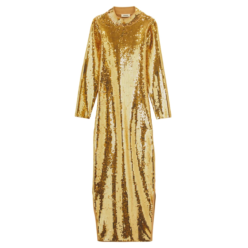 SANDRO 金色亮片長袖連身長裙,價格店洽。 SANDRO 金色亮片長袖連身長裙,價格店洽。