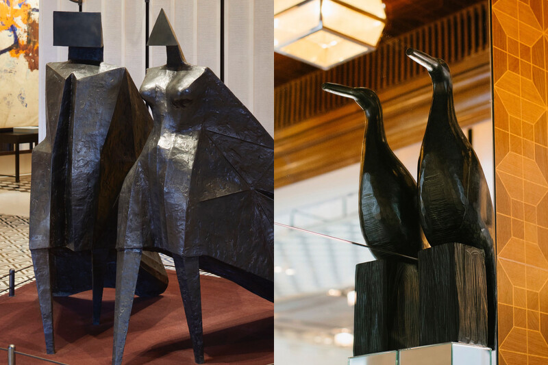 英國雕塑家 Lynn Chadwick 的 《Pair of Walking Figures – Jubilee》、王克平《Bird III》木雕作品。