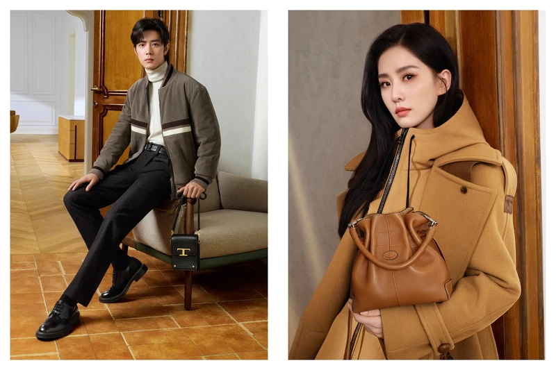 男星肖戰（左起）與女星劉詩詩，演繹工藝世家品牌TOD’S的義式風格。 (左起)TOD'S麂皮條紋短版夾克，NT136,900、TOD’S針織高領上衣，NT28,900、TOD’S駝色羊毛長大衣，NT148,900、TOD'S駝色拉鍊連帽外套，NT75,900。