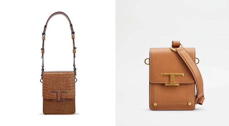 （左起）TOD’S T Timeless小牛皮材質壓印成蜥蜴皮紋迷你直式風琴包（NT$89,900）、TOD’S T Timeless淺棕皮革迷你直式風琴包（NT$70,900）