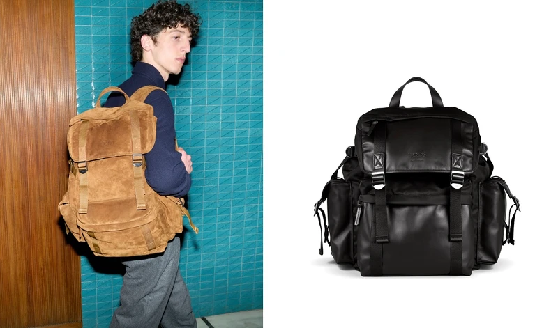 （左起）TOD’S TRK棕色麂皮拼接皮革後背包（NT$99,900）、TOD’S TRK黑色皮革拼接尼龍後背包（NT$69,900）