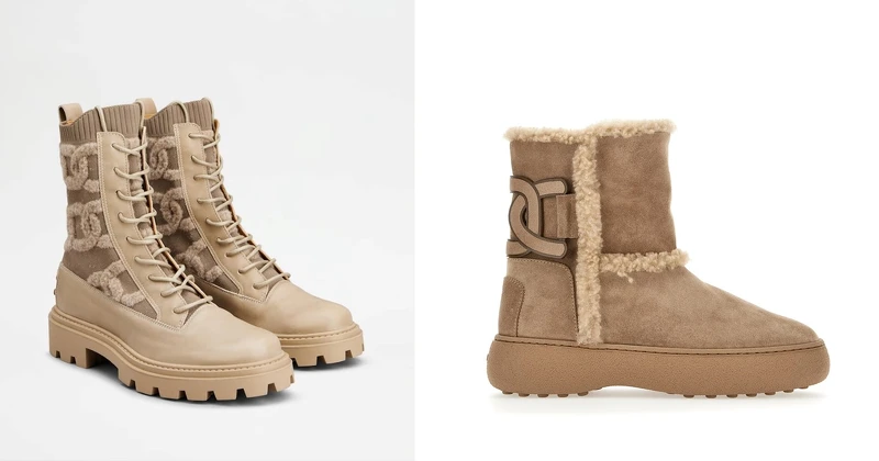 (左起)TOD’S 針織Kate紋飾短靴（NT$36,500）、TOD’S 駝色Kate短筒休閒靴（NT$37,100）