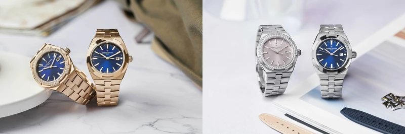 江詩丹頓一次推出四款Overseas系列全新自動上鍊腕錶，包含兩種全新尺寸，並分別搭配藍色及粉紅色漆面，以及粉紅金、精鋼、鑲鑽錶殼等豐富款式選擇