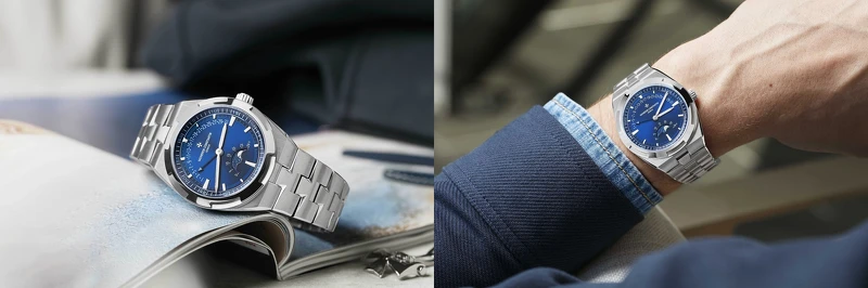 江詩丹頓Overseas月相逆跳日曆腕錶，41毫米錶徑，精鋼材質半透明藍色調漆面與旭日紋緞面拉絲錶盤，搭載獨家研發2460 R31L/2月相逆跳機芯