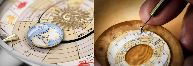 江詩丹頓的藝術大師從哥白尼天體地圖中汲取靈感，以大明火琺瑯藝術繪製出天體運行軌跡，錶盤外圈飾有12星座圖案。