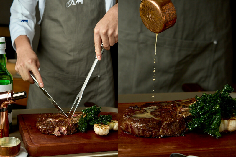 美國威士忌熟成帶骨肋眼牛排（兩人份），搭配上菜桌邊點火炙燒。