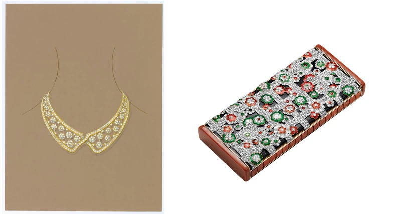 右：Millefiori化妝盒，1928年(白K金、黃K金、黑玉、琺瑯、鑽石) Van Cleef & Arpels Collection；左：項鍊繪圖，約1985年，Van Cleef & Arpels Archives