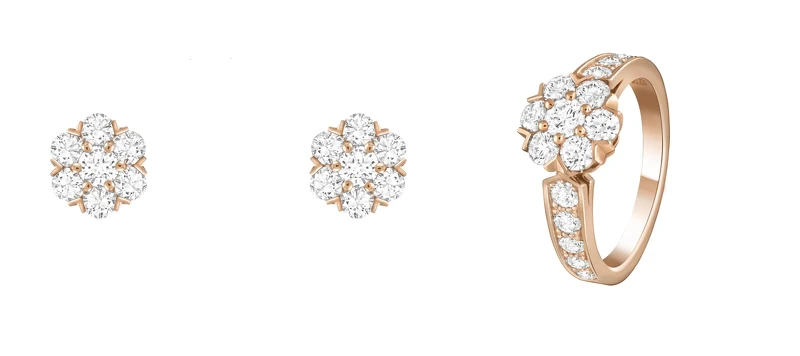 Fleurette耳環(18K 玫瑰金、鑽石)，Fleurette戒指(8K 玫瑰金、鑽石)。