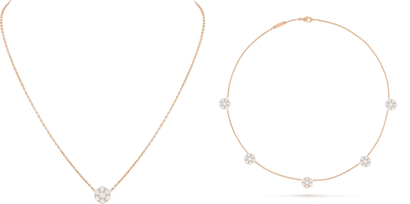 Fleurette吊墜(18K玫瑰金、鑽石)，Fleurette項鍊(五朵花，18K玫瑰金、鑽石)。