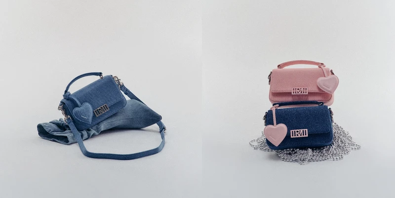 萊姆花心丹寧手提包(S)，NT$1,980；顏色：淺丹寧配銀/深丹寧配粉/粉色。