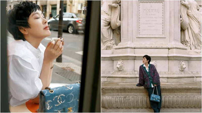 左/白色荷葉摺飾短袖襯衫、Première原創款腕錶、Coco Crush窄版戒指、Coco Crush Toi et Moi戒指小型款,all by CHANEL;彩妝,CHANEL Beauty。右/紫色毛呢針織衫、雙C Logo丹寧口蓋包Première原創款腕錶、Coco Crush窄版戒指、Coco Crush Toi et Moi戒指小型款,all by CHANEL;彩妝,CHANEL Beauty;白色襯衫、深色寬鬆長褲,導演私物。 左/白色荷葉摺飾短袖襯衫、Première原創款腕錶、Coco Crush窄版戒指、Coco Crush Toi et Moi戒指小型款,all by CHANEL;彩妝,CHANEL Beauty。右/紫色毛呢針織衫、雙C Logo丹寧口蓋包Première原創款腕錶、Coco Crush窄版戒指、Coco Crush Toi et Moi戒指小型款,all by CHANEL;彩妝,CHANEL Beauty;白色襯衫、深色寬鬆長褲,導演私物。