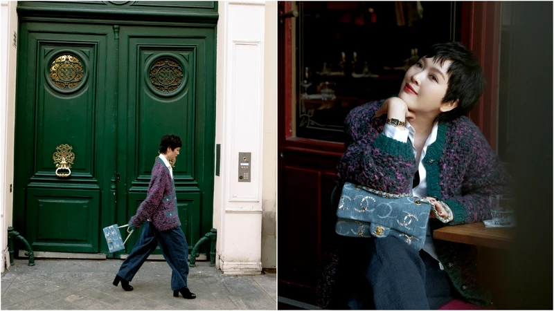 左、右/紫色毛呢針織衫、黑色粗跟踝靴、雙C Logo丹寧口蓋包Première原創款腕錶、Coco Crush窄版戒指、Coco Crush Toi et Moi戒指小型款,all by CHANEL;彩妝,CHANEL Beauty;白色襯衫、深色寬鬆長褲,導演私物。 左、右/紫色毛呢針織衫、黑色粗跟踝靴、雙C Logo丹寧口蓋包Première原創款腕錶、Coco Crush窄版戒指、Coco Crush Toi et Moi戒指小型款,all by CHANEL;彩妝,CHANEL Beauty;白色襯衫、深色寬鬆長褲,導演私物。