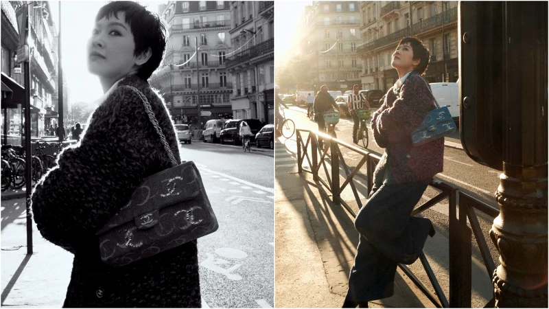 左、右/紫色毛呢針織衫、黑色粗跟踝靴、雙C Logo丹寧口蓋包Première原創款腕錶、Coco Crush窄版戒指、Coco Crush Toi et Moi戒指小型款,all by CHANEL;彩妝,CHANEL Beauty;白色襯衫、深色寬鬆長褲,導演私物。 左、右/紫色毛呢針織衫、黑色粗跟踝靴、雙C Logo丹寧口蓋包Première原創款腕錶、Coco Crush窄版戒指、Coco Crush Toi et Moi戒指小型款,all by CHANEL;彩妝,CHANEL Beauty;白色襯衫、深色寬鬆長褲,導演私物。