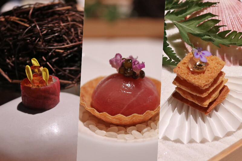 八寸小點,「大根|鯖魚|椪醋」「鮪魚|芝麻|紫蘇」「烏魚子|康堤乳酪|清酒」。 八寸小點,「大根|鯖魚|椪醋」「鮪魚|芝麻|紫蘇」「烏魚子|康堤乳酪|清酒」。