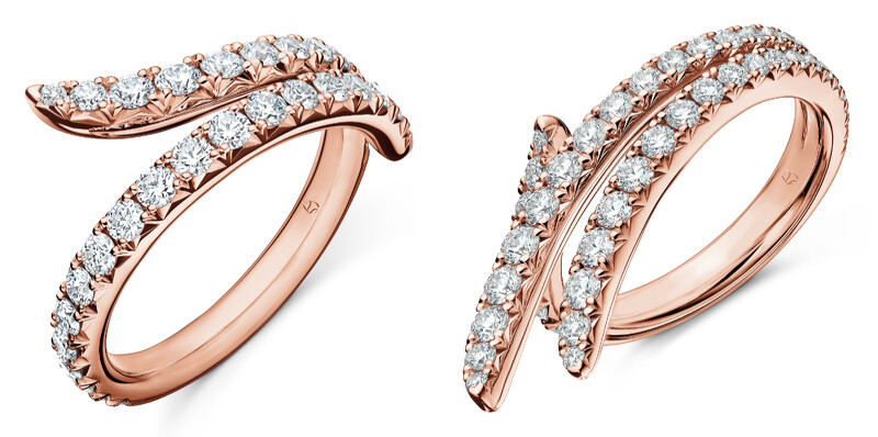 (左) HEARTS ON FIRE Vela 玫瑰金法式鑲嵌鑽石戒指、(右) HEARTS ON FIRE Vela 玫瑰金法式鑲嵌鑽石戒指。 (左) HEARTS ON FIRE Vela 玫瑰金法式鑲嵌鑽石戒指、(右) HEARTS ON FIRE Vela 玫瑰金法式鑲嵌鑽石戒指。