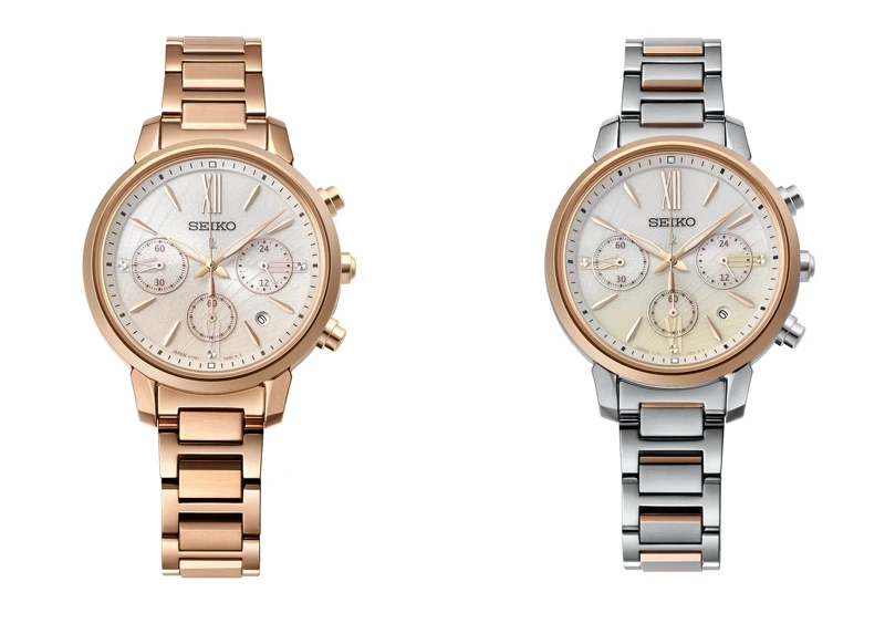 Seiko Lukia玫瑰金計時腕錶（型號：SSC918J1），建議售價$24,000元；Seiko Lukia玫瑰金精鋼計時腕錶（型號：SSC920J1），建議售價$22,500元