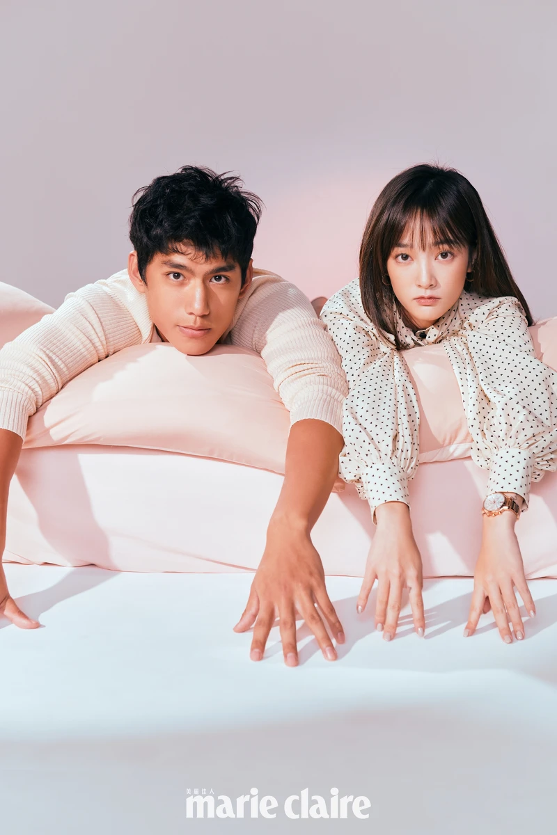 朱軒洋／象牙色圓領針織衫，Gucci。王淨／波卡圓點綁帶澎袖襯衫，Balmain；Quatre系列耳環，Boucheron；Seiko Lukia 玫瑰金腕錶，Seiko。