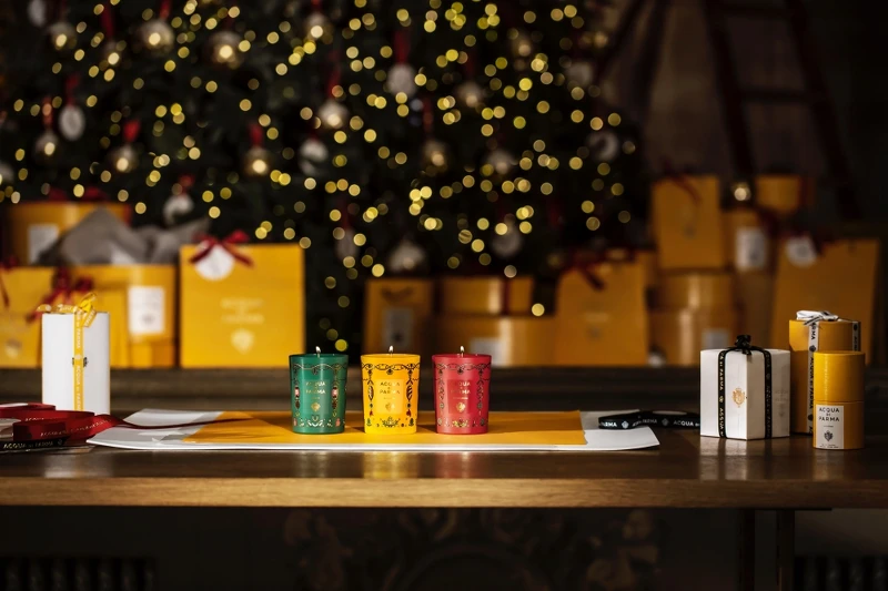 Acqua di Parma聖誕香氛蠟燭(璀璨白雪、靜謐雪松、幸運魔法)200g，NT3,100。70g*3 香氛蠟燭組(璀璨白雪、靜謐雪松、幸運魔法)，NT4,900