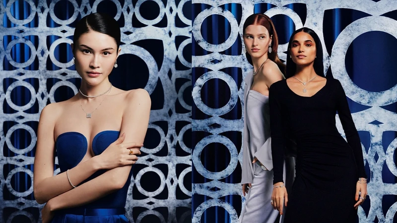 中國的國際超模何穗、巴西超模Jadi Wegener和印度模特兒兼藝術家Amrit Kaur（左起）聯袂演繹Enchanted Lotus系列美鑽作品。