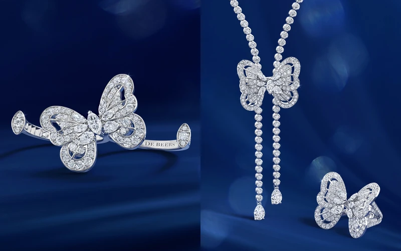 （左圖）Portraits of Nature系列butterfly 18K白金鑽石指間戒，NT$ 540,000；（右圖）Portraits of Nature系列butterfly高級珠寶鑽石項鍊及戒指，價格店洽。