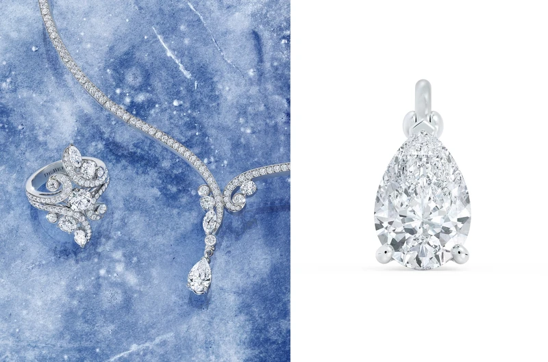 （左圖）11月最新上市的Adonis Rose 18K白金鑽石戒指與鑽石項鍊，價格店洽；（右圖）Adonis Rose 18K白金鑽石項鍊，可視場合需要另外添購一枚可拆卸的梨形鑽石吊墜，0.70克拉起，價格店洽。