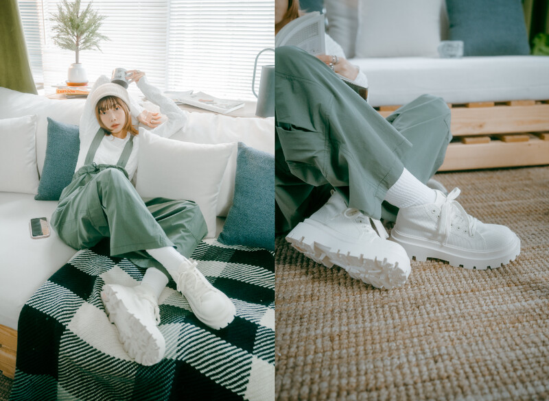 ALPINA CHUNKY短靴(獨賣款)／NT2,480；浮凸緹花開衩上衣／米色／NT2,100；2WAY吊帶褲／卡其綠／NT2,450；針織豆豆帽／膚色／NT1,390。