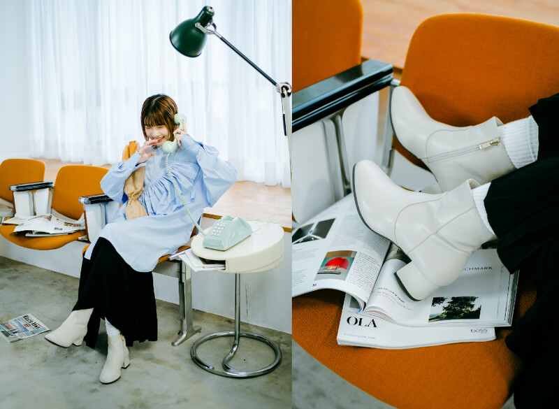 SQ PLANE 5踝靴／NT2,180；附荷葉邊迷你襯衫洋裝／紫丁香色／NT2,790；不規則抽褶縫長裙／黑色／NT2,790。