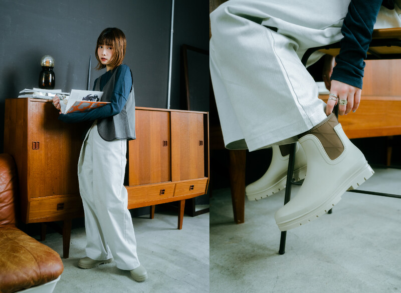 NEOPRENE RAIN防水短靴／NT1680不收邊設計背心／炭灰色／NT2,100；透膚層次感上衣／藏青色／NT1,930；正面打褶寬褲／淺灰色／NT2,790。