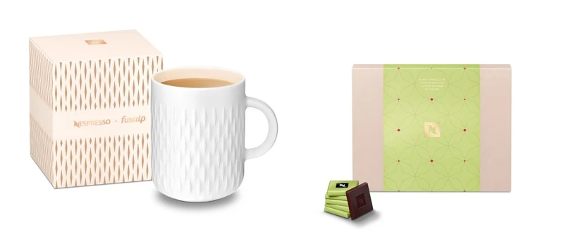 左 : 時尚美感精選！Nespresso與Fusalp推出聯名節慶限量款咖啡馬克杯，右 : 限量版Nespresso 香檸檬與粉紅胡椒風味巧克力
