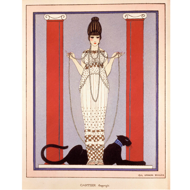 1914年，路易卡地亞委託插畫家喬治·巴比耶為卡地亞展覽會製邀請卡「淑女與獵豹」。