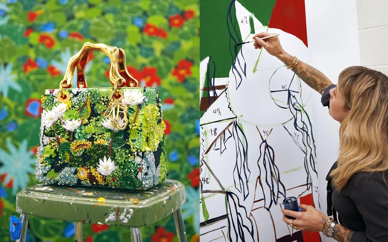 Dior Lady Art Hilary Pecis 中型提包，皮革包身以刺繡工藝綴飾水晶、亮片與珠飾 ，宛若一座迷你公園。©Harry Eelman。