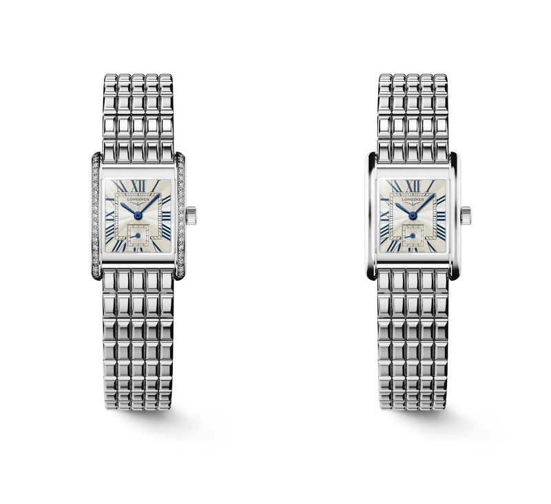 LONGINES浪琴表MINI DOLCEVITA迷你多情系列羅馬flinqué飾紋面盤搭配不鏽鋼鑲鑽腕錶，建議售價：NT131,300、羅馬「flinqué」飾紋面盤搭配不鏽鋼鏈帶腕錶，建議售價：NT62,900。