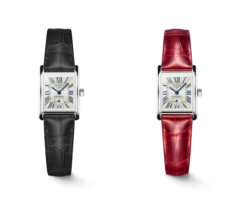 LONGINES浪琴表MINI DOLCEVITA迷你多情系列羅馬flinqué飾紋面盤搭配黑色鱷魚皮革錶帶腕錶、羅馬flinqué飾紋面盤搭配紅色鱷魚皮革錶帶腕錶，建議售價：NT$53,400。