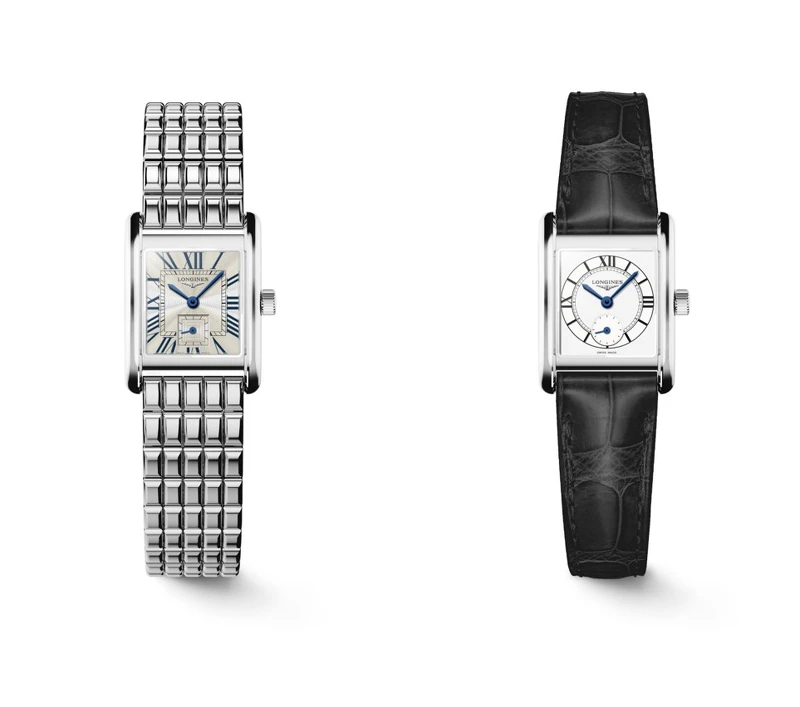 LONGINES浪琴表MINI DOLCEVITA迷你多情系列：Cosmo面盤搭配不鏽鋼鏈帶腕錶，NT62,900、Cosmo面盤搭配黑色鱷魚皮革錶帶腕錶，NT53,400。