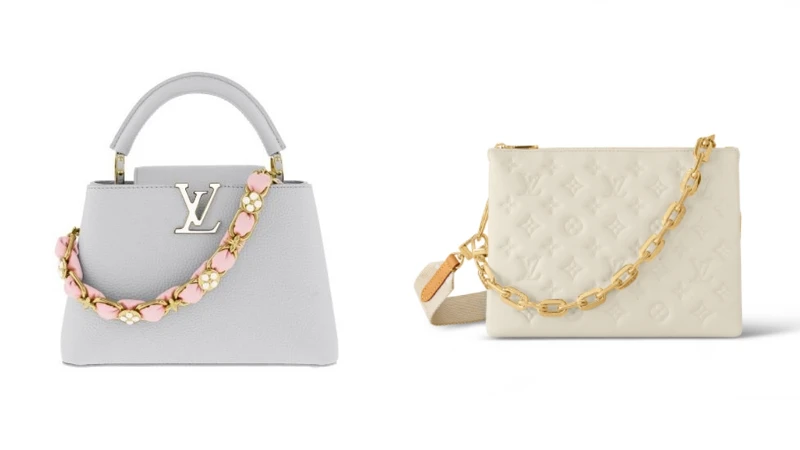 冰川藍APUCINES BB BLOSSOM CHAIN手提包 價格店洽、白色COUSSIN鏈帶包 價格店洽 冰川藍APUCINES BB BLOSSOM CHAIN手提包 價格店洽、白色COUSSIN鏈帶包 價格店洽