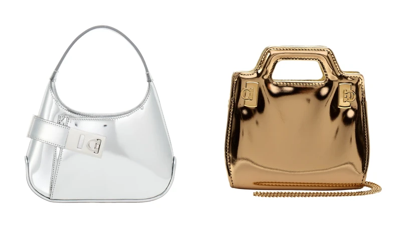 銀色皮革SHOUDLER ARCHIVE手提包 NT.64,900、金色鏡面超迷你WANDA手提包 價格店洽 銀色皮革SHOUDLER ARCHIVE手提包 NT.64,900、金色鏡面超迷你WANDA手提包 價格店洽