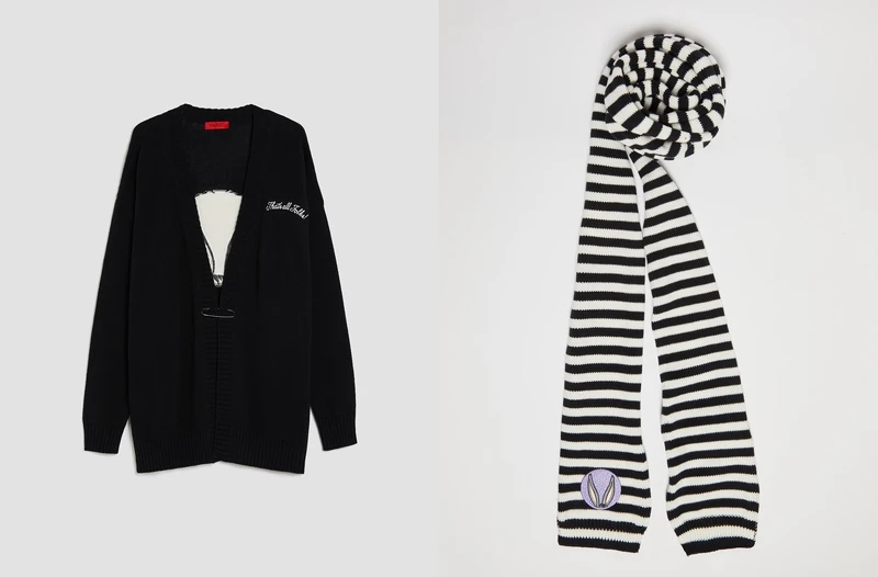 MAX&Co. 寬版 Oversize 開襟衫 NT$19,100、MAX&Co. 兔巴哥條紋圍巾 NT$5,800。 MAX&Co. 寬版 Oversize 開襟衫 NT$19,100、MAX&Co. 兔巴哥條紋圍巾 NT$5,800。