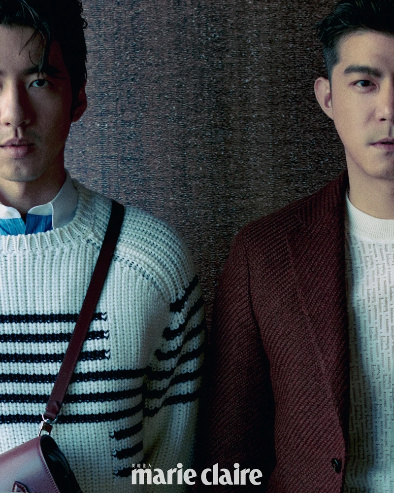 傅孟柏/青石藍條紋襯衫、白色條紋針織衫,both by Loewe;大師傑作系列信差包,Montblanc。王柏傑/深紅色西裝外套,Boss;白色套頭針織毛衣,Fendi。 傅孟柏/青石藍條紋襯衫、白色條紋針織衫,both by Loewe;大師傑作系列信差包,Montblanc。王柏傑/深紅色西裝外套,Boss;白色套頭針織毛衣,Fendi。