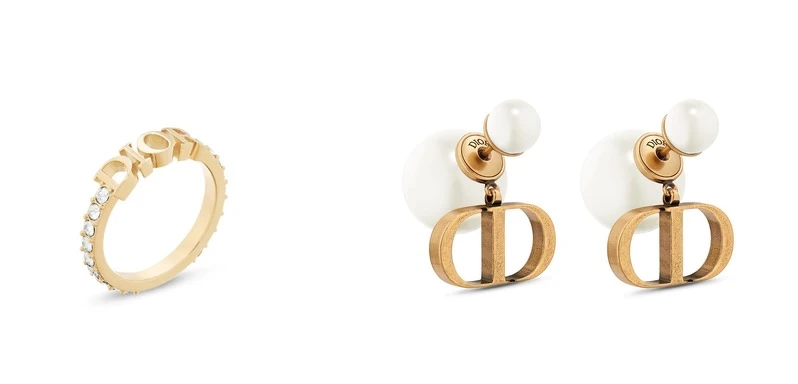 Dio(r)evolution 金色飾面水晶戒指，NT$12,500；Dior Tribales 復古金色飾面耳環NT$19,000。