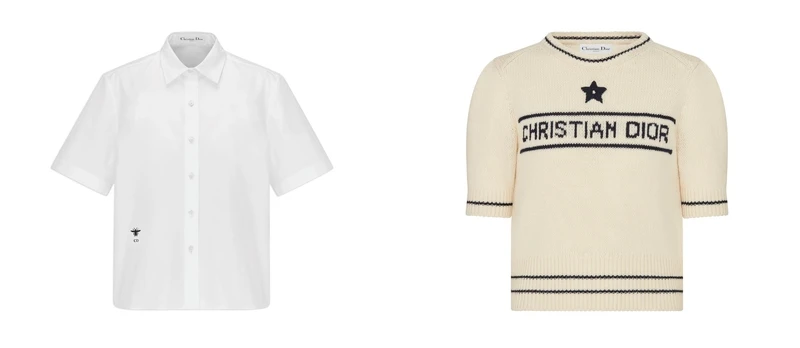 Dior 30 Montaigne白色府綢短袖襯衫，NT$42,000；CHRISTIAN DIOR短袖毛衣，NT$74,000。
