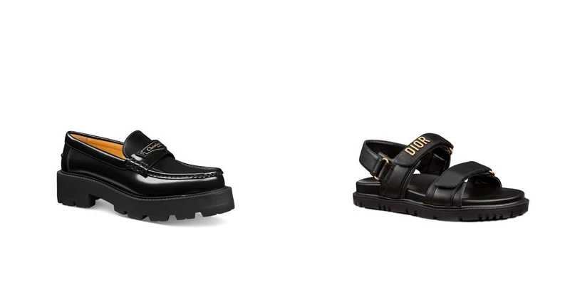 Dior Boy黑色磨砂小牛皮厚底樂福鞋，NT$38,000；Dioract黑色羊皮涼鞋，NT$35,000。