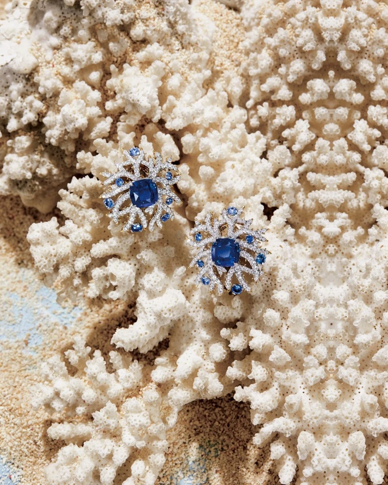 Tiffany & Co. 2023 Blue Book高級珠寶系列幻海秘境Out of the Blue鉑金與18K金鑲嵌總重逾12克拉未經優化處理斯里蘭卡藍寶石與鑽石耳環，Tiffany & Co.。